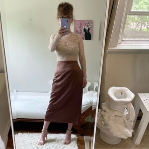 BROWN MIDI SKIRT ZIPPER LINED PLEAT VENT TRAIN BUTTON DETAIL SATINY FINISH